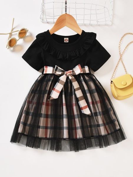 

toddler girls plaid ruffle trim mesh overlay belted dress she, Red;yellow