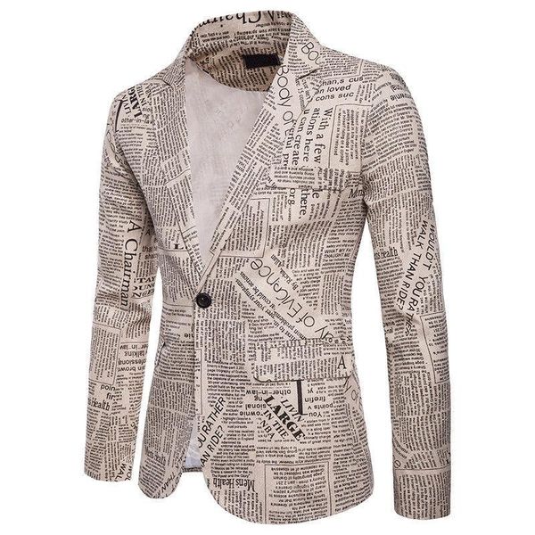 

мужские стильные blazer костюмы винтажная газета напечатала пиджаки man one button повседневный slim fit костюм blazer пальто топы мужской в, White;black