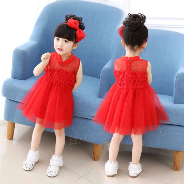 

spring and girls' summer new children's lace vt drs 0-3 years old, Red;yellow