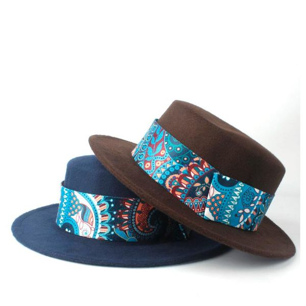 

wide brim hats fashion men women flat fedora hat boater bohemia wool winter autumn fascinator casual size 56-58cm, Blue;gray
