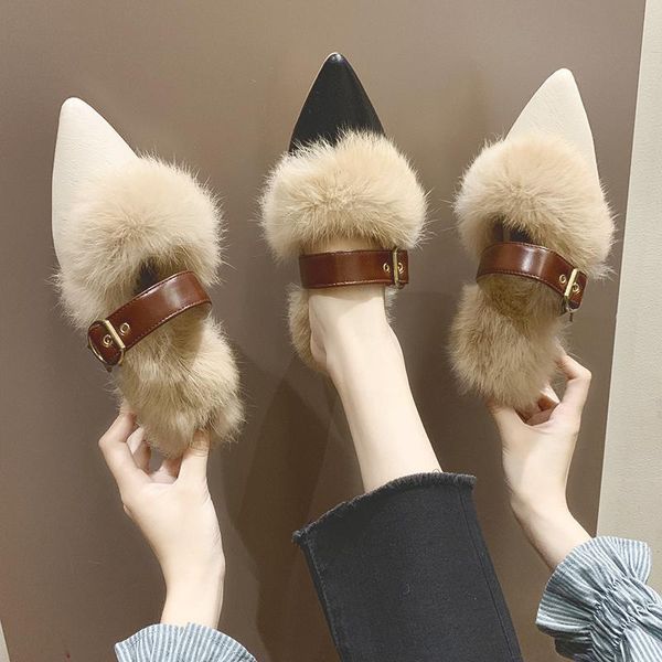 

slippers casual shallow low fur shoes cover toe slides mules for women 2020 pantofle square heel flock luxury plush new pointed, Black