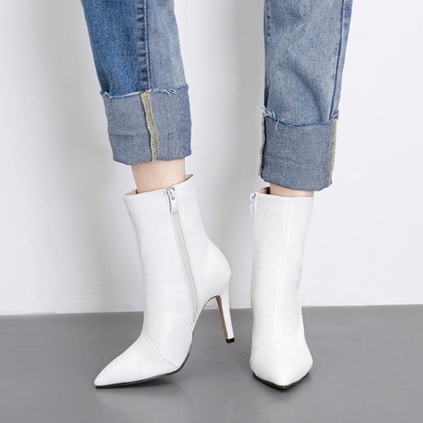 

round toe shoes lady boots boots-women zipper high heel rubber rock 2020 white autumn low mid calf mid-calf pointy flock1, Black