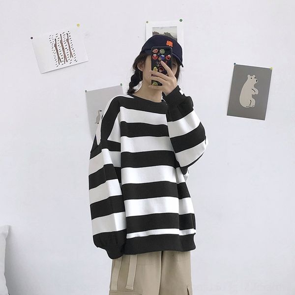 

inb0o w9143 cuff wide stripe thickened velvet plus round neck casual pullover sweater loose pullover 2020 autumn 4edkx winter new and, Black