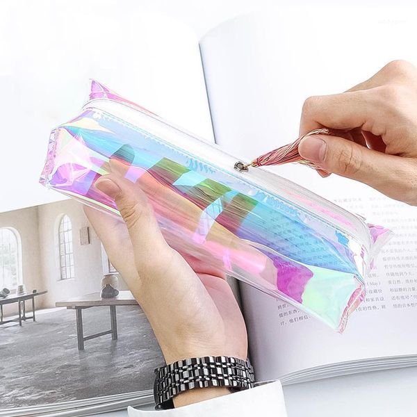 

cute color pencil case for girls kawaii pvc pen bag stationery pouch office school supplies zakka escolar transparent glitter1