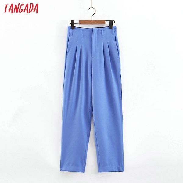 

tangada women blue pleated straight pants buttons fashion ladies suit pants high waist full length chic trousers sl235 y200114, Black;white