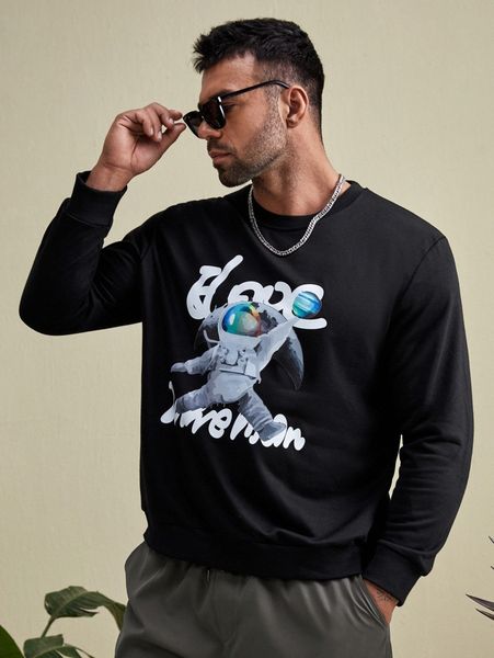 

extended sizes men letter and astronaut print sweatshirt 12z9#, Black