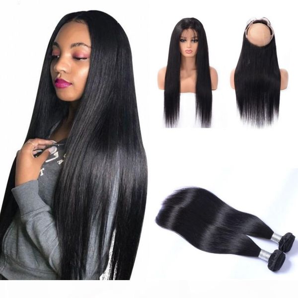 

indian straight hair bundles with 360 lace frontal closure 8-26 inch natural color virgin human hair 2 bundles with closure, Black;brown