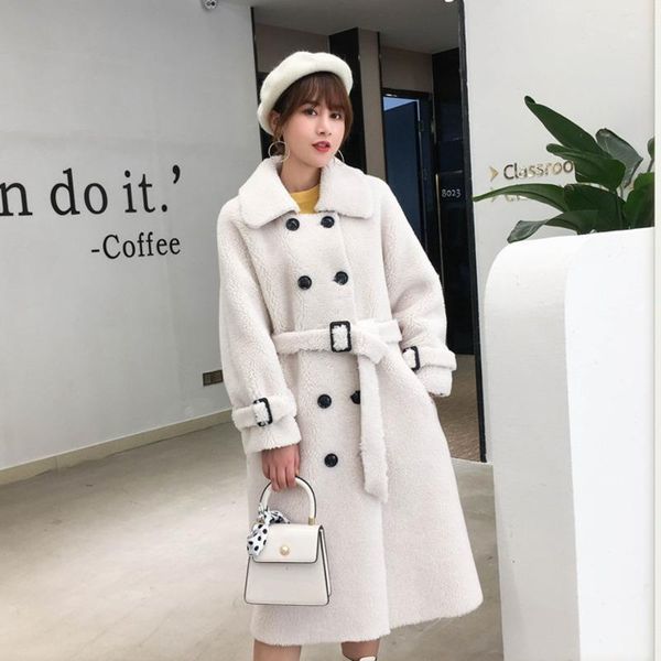 

2021 new winter fashion women's coat lapel belt lamb lambswool woolen nine sleeves thick with belt warm long length 10041, Black