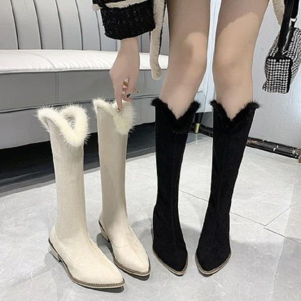 

women's fashion boots, women's new autumn and winter suede pointed toe temperament and velvet warm boots, Black