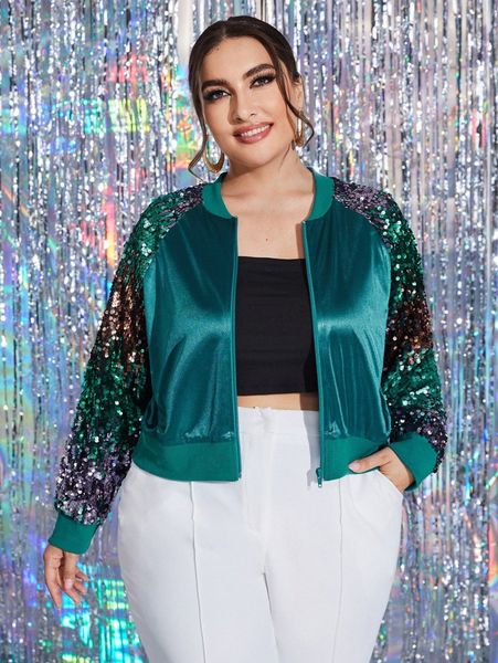 

plus contrast sequin raglan sleeve bomber jacket 5308#, Black