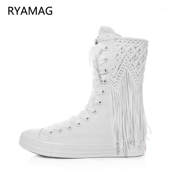 

ryamag 2021 new women's canvas boots short beaded tassel flats embroidery lace-up zipper comfortable vulcanize sneakers1, Black