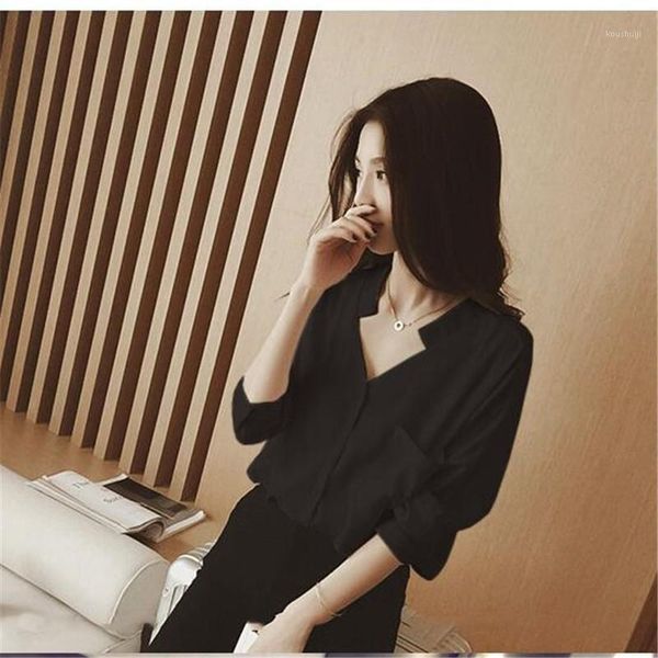 

2019 new spring/summer women casual loose v-neck backless shirt female pure color chiffon shirts girls blouse wholesale1, White