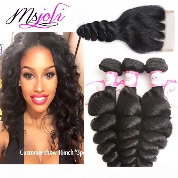 

9a brazilian virgin human hair weave loose wave natural color 4x4 lace closure with three bundles and three parts from ms joli, Black;brown