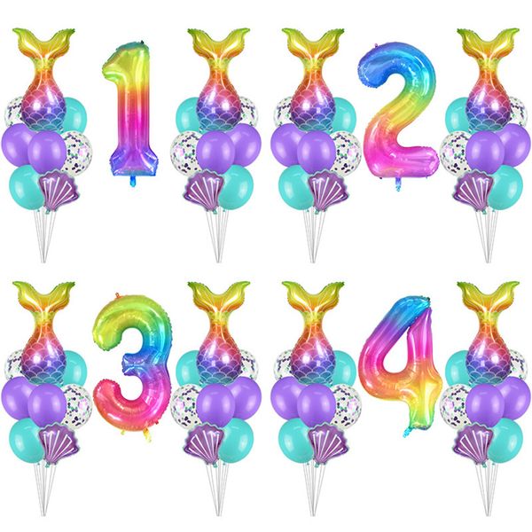 

17pcs/set tail shell balloons rainbow number foil balloon kids birthday mermaid party decorations helium globos