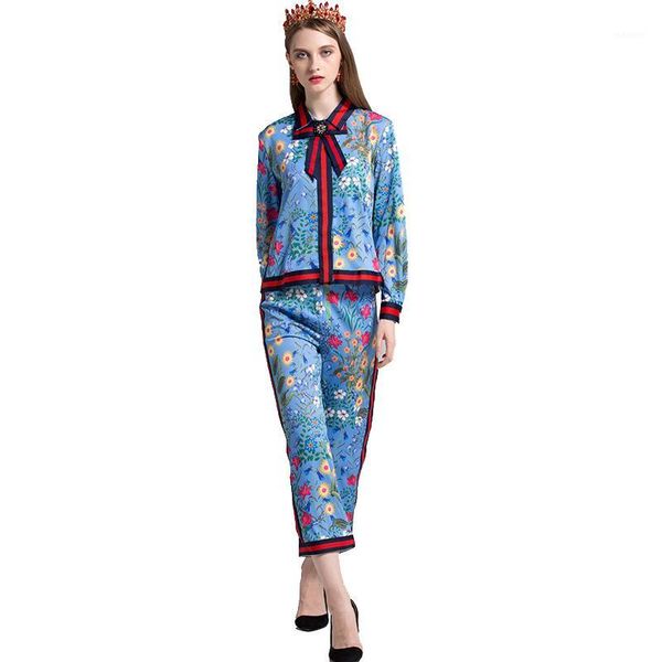 

2018 fashion women runway plus size 4xl 2 pieces pants set bow blouse ankle-length trousers flower printed bohemian tracksuits1, Gray