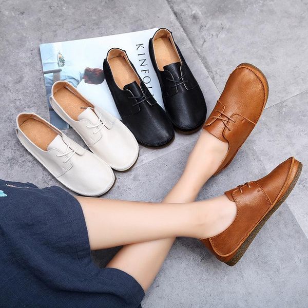

new trendy all season flat lady shoes simple casual indoor retro style soft outsole genuine leather women flats, Black