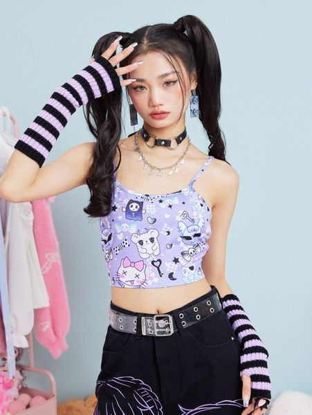 

romwe cartoon graphic crop cami l71u#, White