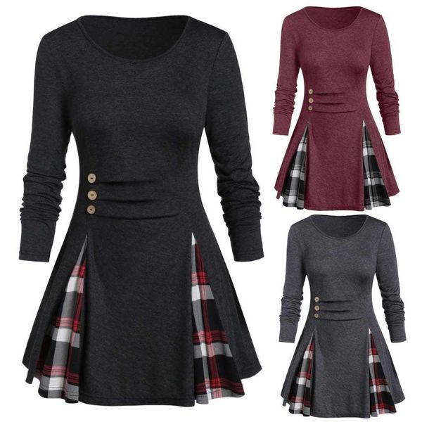 

vestidos ropa mujer winter plus size dress women plus size tunic tee buttoned plaid print long sleeve t shirt robe femme, Black;gray