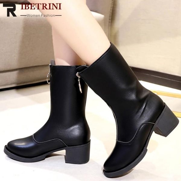 

ribetrini women classic round toe zipper high heels mid calf shoes women solid zipper boots casual daily boots1, Black