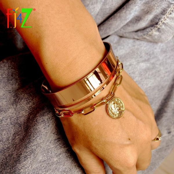 

f.j4z fashion punk glossy cuff bangles women's vintage alloy cuban chain coins charms bracelet minimalist jewelry dropship, Black