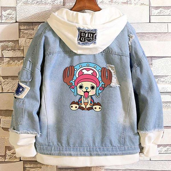 

anime one piece pirate luminous tony chopper casual layered denim jackets frayed rib sleeve hooded jean jacket loose cowboy coat1, Black;brown