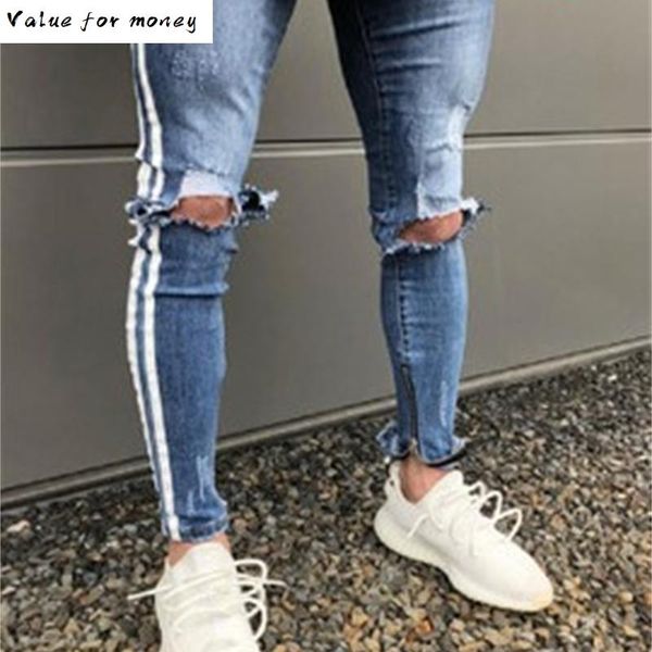 

мужские streetwear мода джинсы натяжной разрушенный разорванный дизайн мода карандаш брюки лодыжка молния узких джинсы для мужчин, Blue