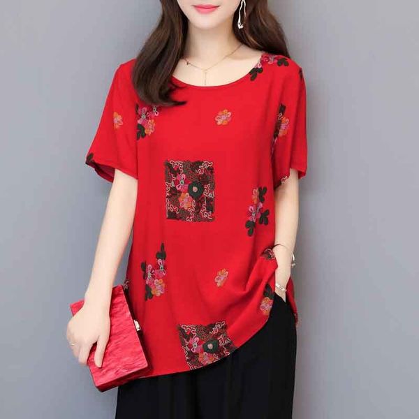 

2021 new new women summer blouse shirt casual o-neck short sleeves blusas womens clothing print plus size ufvq, White