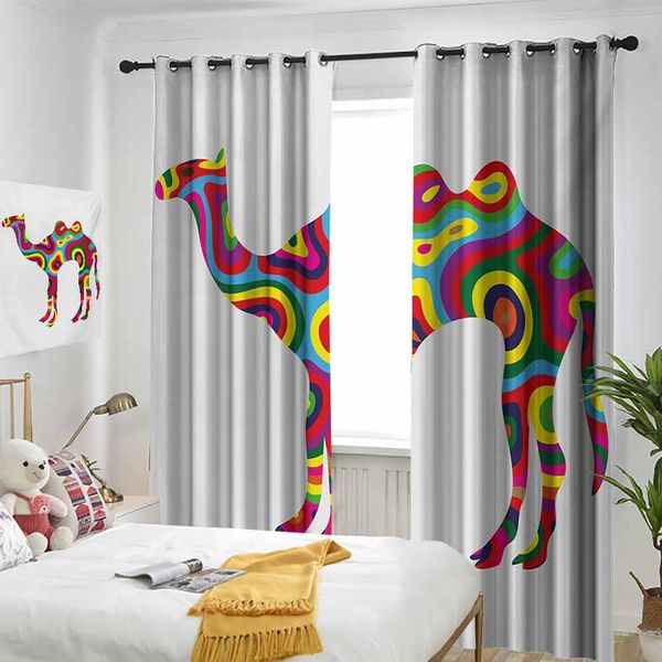 

thermal insulated room darkening window shade colorful featured camel figure abstract trippy shapes and bands artful illustration curtain