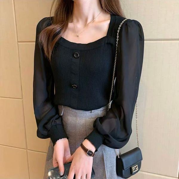 

new 2021 spring liquid thread bottomming female shirt fine square neck long sleeves short sweater y519 53pb wk30, White;black