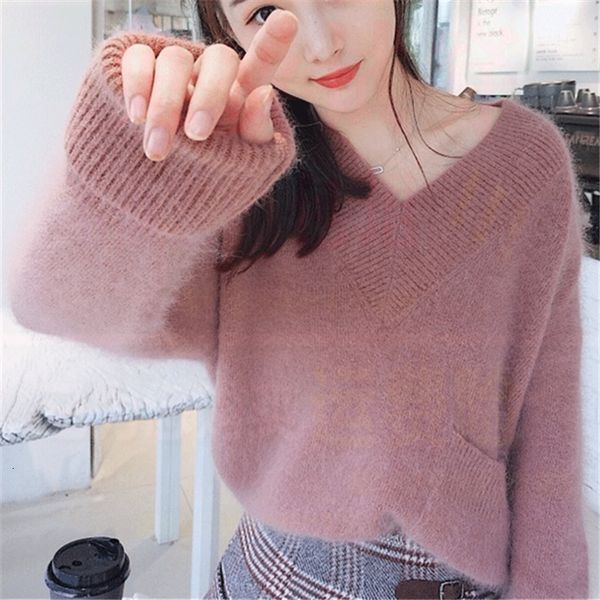 

2021 new mink cashmere mohair oversized sweater women autumn winter v-neck batwing sleeve jumper pull femme hiver pullover 1ipy, Black;gray