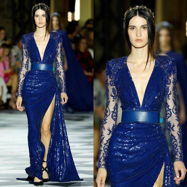

сексуальная sequined русалка пром платья 2020 zuhair murad синий с длинным рукавом из бисера бедро высокого разрезы вечер коктейльное платье, Black;red