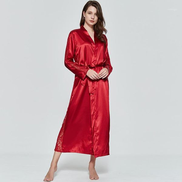 

satin silky wedding long robe perspective sleepwear women kimono gown female nightwear long sleeve hollow out home wear1, Black;red