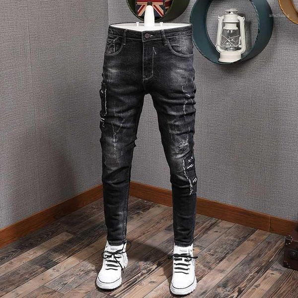 

2020 new style fashion men jeans black color elastic slim fit ripped jeans men denim pencil pants streetwear hip hop homme1, Blue