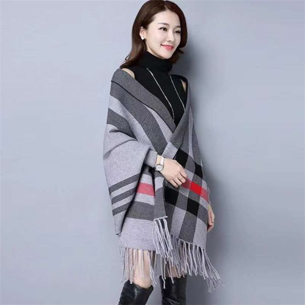 

autumn and winter new knitted women's cape coat sweater womens classic plaid shawl woman long sleeve knitting cardigans for, White;black