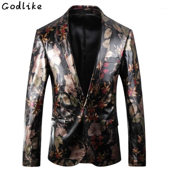 

2018 leather suit jacket men fashion digital printing single button wears flower printing casual slim fit male blazer for party1, White;black