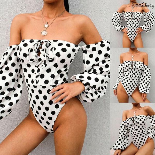 

women strapless off the shoulder bodysuit long sleeve polka dot romper jumpsuit slim leotard body women bodysuits1, Black;white