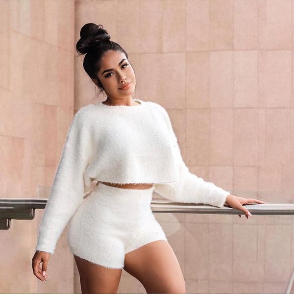

women soft fluffy 2 piece set o neck long sleeve crop high waist skinny shorts autumn winter casual matching outfits set, Gray
