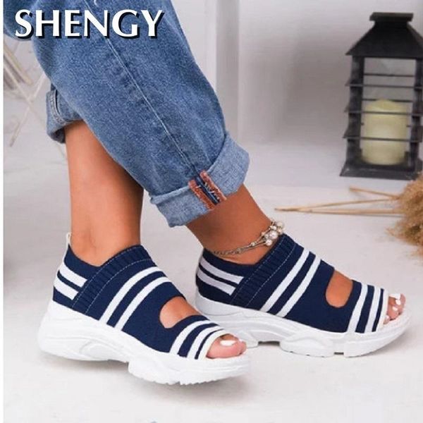 

2020 summer women sandals open toe wedges platform ladies shoes knitting lightweight sneakers sandals big size zapatos mujer y200702, Black