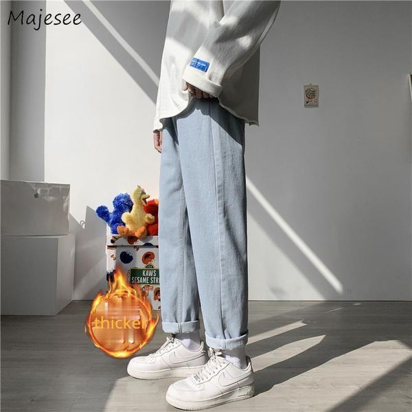 

men's jeans mens plus velvet thicker denim straight trousers for men loose korean style retro all match chic bf 3xl fashion pockets, Blue