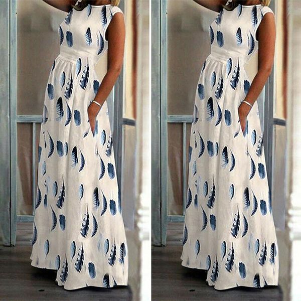 

womens ladies feather print sleeveless ankle length dress long maxi dress robe ete tropical beach pleated dresses vintage maxi dresses 30, Black;gray