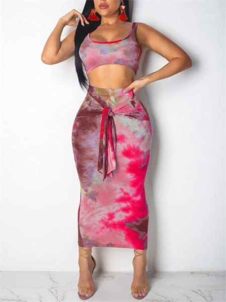 

summer 2020 women tie dye printed two pieces dress set outfits casual and skrits set1, White
