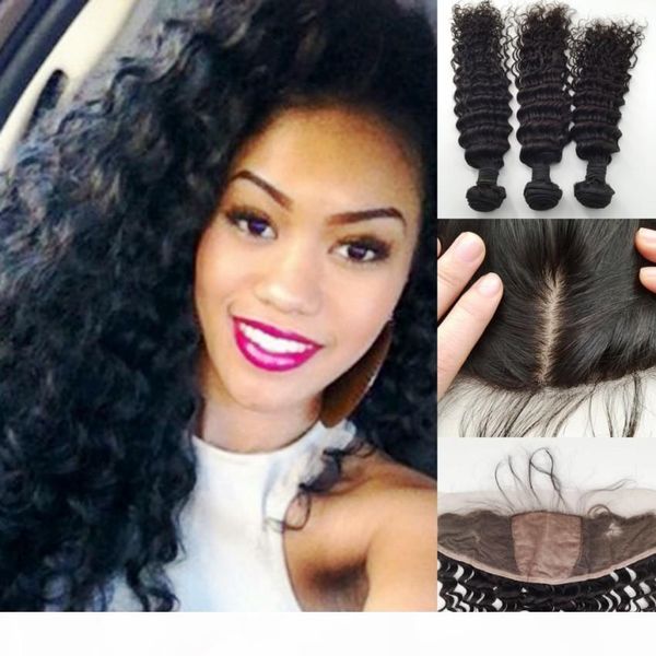 

malaysian deep curly with silk base lace frontal closure 13*4 ear to ear silk 4*4 lace frontal with bundles 4pcs lot, Black