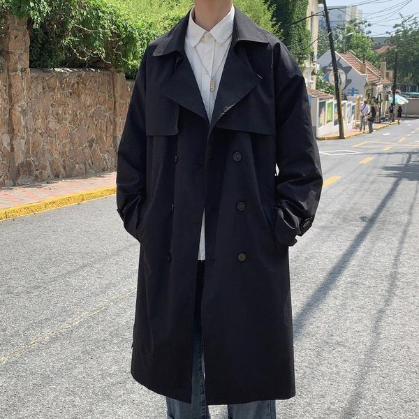 

men's trench coats autumn winter men's medium length windbreaker solid double breasted simple casual fashion stretchy quality male, Tan;black