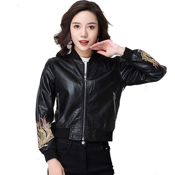 

embroidered women's leather jacket, imitation informal, punk, black, motorcycle
