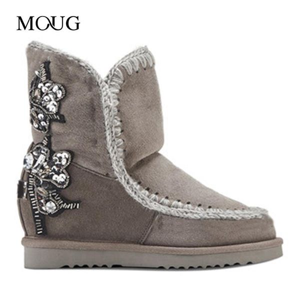 

moug winter shoes women snow boots original inner wedge 24cm crystal stone handmade sheepskin platform ladies ankle boots, Black
