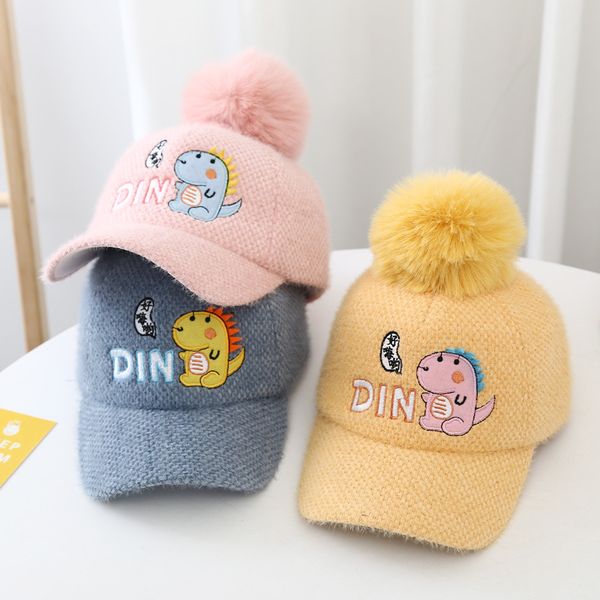 

childrens new peaked cap autumn and winter warm pearl velvet men and women baby baseball cap korean style big hair ball dinosaur hat, Yellow