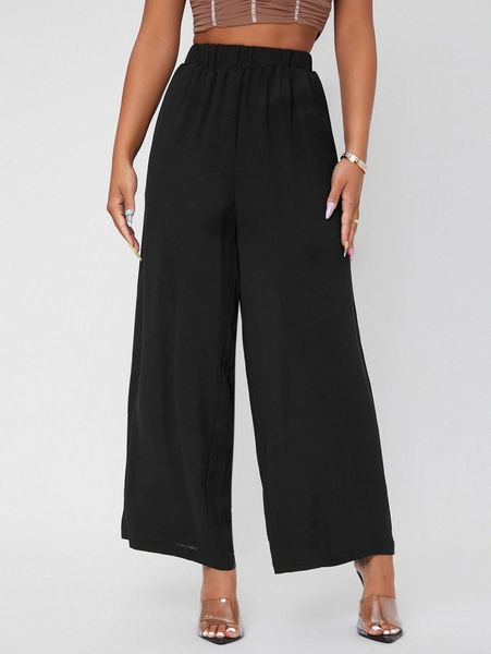

petite elastic waist wide leg pants t84b#, Black;white