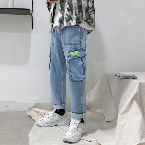 

2019 uyuk autumn new large size casual handsome youth pocket decoration straight wash jeans hombre homme men streetwear1, Blue
