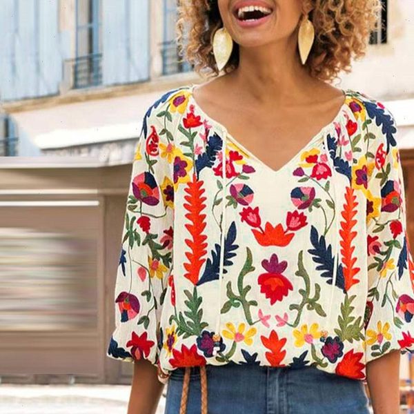 

feitong blouse women vintage kimono shirt v collar loose printed shirt with middle sleeve blusas mujer de moda 2021, White