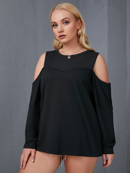 

plus solid cold shoulder sweatshirt 85tp#, Black